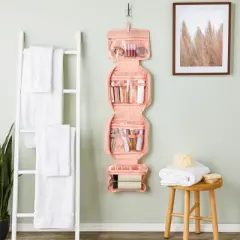 Glamlily Large Pastel Pink Travel Hanging Toiletry Bag with S Hook and Handle, Easy to Clean Polyester Fabric, 12.5 x 4 x 9.5 In