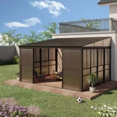 EROMMY 12 Ft. x 14 Ft. Wall Mounted Gazebo, All-Season Patio Gazebo Sunroom with Side Door, Outdoor Permanent Sunroom