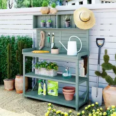 Farmhouse Potting Bench Table - 65": 4 Shelves, Side Hook, Rustic Outdoor Garden Station