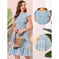 Allegra K Women's Crew Neck Fit and Flare Summer Floral Midi Smocked Dress