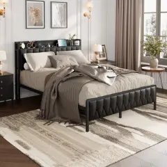 Full Size Bed Frame with PU Faux Leather, Button Headboard with Charging Station, All-Metal Full Platform Bed Frame with Storage, Black