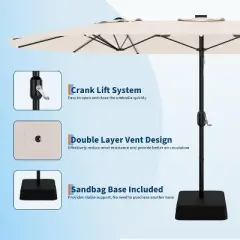 15ft Large Patio Umbrella with Sandbag Base - Rectangular Patio Umbrella with Crank Handle, UV Protection for Outdoor Market, Backyard, Pool