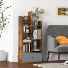 Costway Industrial Bookshelf Rustic Wooden Shelf Organizer with Non-woven Fabric Drawer