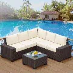 Outdoor Wicker Patio Set with Glass Table & Cushions, Rattan Conversation Furniture for Balcony, Porch, Backyard, or Poolside