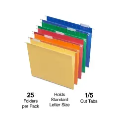MyOfficeInnovations Hanging File Folders 5-Tab 2" Expansion Letter Sz Asst Colors 25/BX 884239