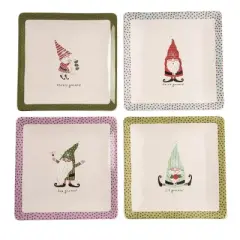 Transpac Christmas Ceramic Gnaughty Gnome Plate Set of 4 Christmas Home Decorations