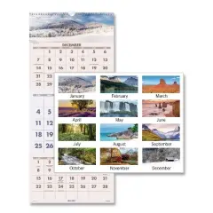Scenic Three-Month Wall Calendar, Landscape Photography, 12 x 27, White Sheets, 14-Month: Dec 2025 to Jan 2027