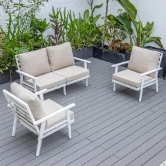 LeisureMod Walbrooke Modern 3-Piece Outdoor Patio Set &ndash; White Aluminum Frame, Weather-Resistant Seating for Patio, Deck, Balcony & Backyard