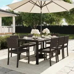 Martha Stewart Bedford 9-Piece Indoor-Outdoor Dining Set with 8 Stackable Dining Chairs and 71" Patio Table with Engineered Wood Top in Rattan Wicker