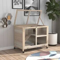 Gulches PawHut Indoor Rabbit Hutch with Wheels Wood Rabbit Cage, Waterproof Small Rabbit Cage, Natural