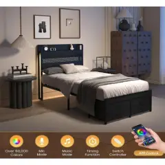 Twin Bed Frames with Headboard, Twin Size Bed Frames with Storage Drawers, Twin Bed, Metal Platform Bed Frame