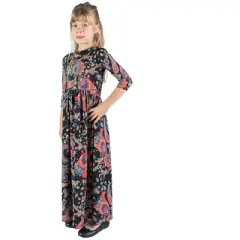 24 seven Comfort Apparel Girls Black and Red Paisley Three Quarter Sleeve Pleated Maxi Dress