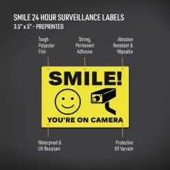 Avery Smile You're on Camera Video Surveillance Labels, Waterproof, UV Resistant, Preprinted, 3.5" X 5", 8 Labels
