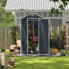 Dark Gray Resin Backyard Storage Shed with Window, Outdoor Plastic Garden Tool Shed, Weatherproof Roof Storage Shed with Large Space-Coolbibila