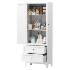 Gulches 72 Inch White Freestanding Pantry Cabinet - 2 Drawers, Adjustable Shelves, Heavy-Duty Steel Kitchen Storage Organizer