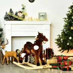 Qaba Kids Metal Plush Ride-On Rocking Horse Chair Toy With Nursery Rhyme Music - Dark Brown