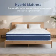 Resenkos Full Size Boxed Memory Foam Hybrid Mattress With 14-Inch Height, Pocketed Springs & Motion Isolation, White And Blue