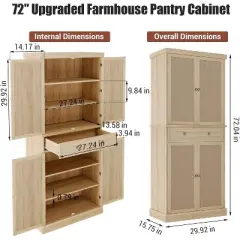 Pantry Cabinet, 72-Inch High Freestanding Tall Cupboard Storage Cabinet with a Drawer, 4 Doors, Adjustable Shelves for Living Room, Kitchen