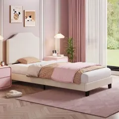 Twin Bed Frame with Adjustable Velvet Headboard, Sturdy Metal & Wood Slat Support, Low-Profile Design for Kids