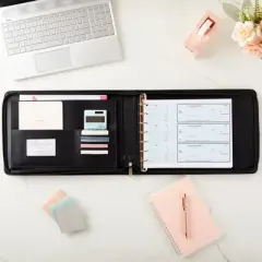 Juvale Rose Gold 7 Ring Business Checkbook Binder with Zipper for Checks, PU Leather, 15 x 11 x 2 In