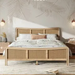 Christopher Knight Home Odila Boho Wood Platform Bed with Rattan Curved Adjustable Height Headboard