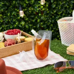 Stockroom Plus 50 Pack 8oz Reusable Plastic Drink Pouches with Funnels for Juice, Soda, Beer, 7 x 4 In