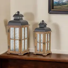 HomeRoots Set of Two Brown and Black Frosted Glass Wood and Metal Floor Lantern Candle Holders