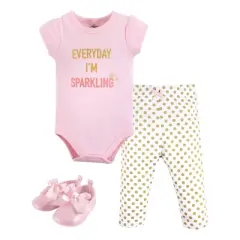 Little Treasure Baby Girl Cotton Bodysuit, Pant and Shoe 3pc Set, Sparkling Short-Sleeve