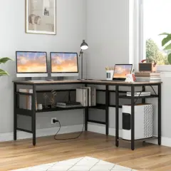 Tangkula L Shaped Desk with Charging Station 55&rdquo; Reversible Corner Computer Desk with Mesh Storage Shelves CPU Stand 2 Person Gaming Desk