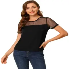 Allegra K Women's Mesh Panel Dots Round Neck Short Sleeve Blouses
