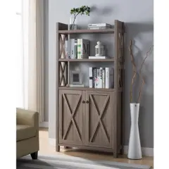 FC Design Wooden Display Bookshelf with Three Top Shelves and Storage Cabinet with Three Interior Shelves in Dark Taupe Finish