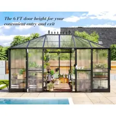 AMERLIFE 14x9.5x9 FT Polycarbonate Greenhouse, Aluminum Frame, Double Doors, 2 Vents, Rain Gutter