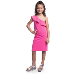 24seven Comfort Apparel Girls Solid Color One Shoulder Ruffle Knee Length Dress