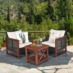 Tangkula 3PCS Rattan Wicker Patio Conversation Set Outdoor Furniture Set w/ Cushion