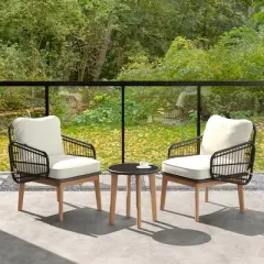 Tangkula 3 Piece Patio Chair Set Wicker Chair & Side Table Set w/ Soft Cushions & Tempered Glass Tabletop
