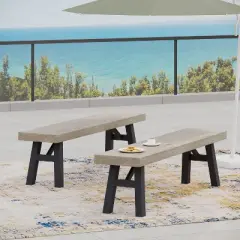 GDFStudio Betteravia Outdoor Acacia Wood Dining Benches (Set of 2), Light Gray Wash/Black