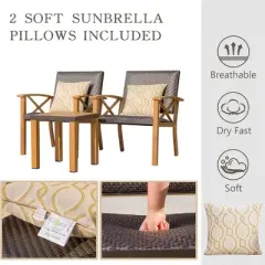 CLIHOME Outdoor Patio 3-Piece Conversation Set,Wood Grain Aluminum Wicker Table and Chair Bistro Set