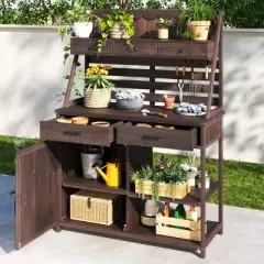 64.5 Inch Outdoor Potting Bench with Storage Cabinet and Open Shelves, Wooden Garden Workstation, Plant Display Rack for Patio - The Pop Home
