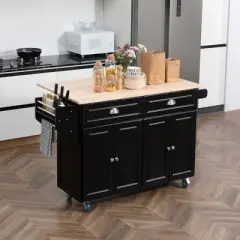 HOMCOM Rolling Kitchen Island on Wheels, Kitchen Cart with Solid Wood Drop Leaf Breakfast Bar, Storage Drawers, 4-Door Cabinets, Spice Rack, Black