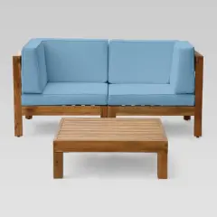 Brava 3pc Acacia Modular Loveseat and Table Set - Teak/Blue - Christopher Knight Home