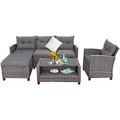 Tangkula 4PCS Patio Rattan Furniture Set Outdoor Wicker Sofa Loveseat Set w/Extra Cushion Gray