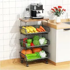 DOMETOUR Fruit Basket Rack for Kitchen Vegetable Organizer and Storage, Stackable Metal Wire Basket Stand Cart with Wheels