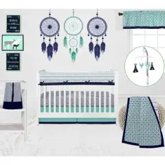 Bacati - Noah Mint Navy 10 pc Crib Bedding Set with Long Rail Guard Cover