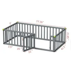 Twin Size Montessori Floor Bed Wooden Frame, w/Door and Safety Fence, Toddler Floor-Bed-Frame for Children Bedroom, for Boys and Girls, Gray