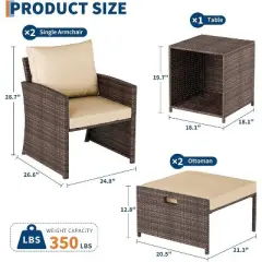 Acekool 5 Piece Balcony Patio Set Brown Rattan Armchairs with Soft Cushions 2 Hidden Ottomans and Glass Storage Table for Porch Lawn Deck