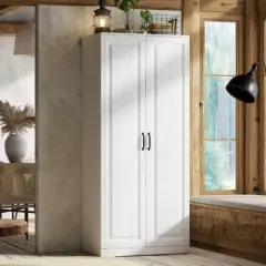 FUFU&GAGA Rotating Pantry Cabinet,Large capacity  Kitchen Storage Hutch,Double Doors with Compartments,Kitchen Organization,White