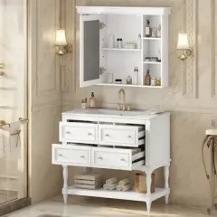ModernLuxe 36'' Bathroom Vanity Set with Medicine Mirror Cabinet, Ceramic Sink & 4 Drawers, Solid Wood Frame Storage Cabinet, Beige/White