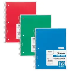 Mead&reg; Spiral 3 Subject Notebook, Wide Ruled, 180 Sheets Per Book, Pack of 6