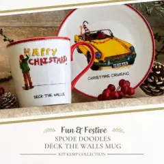 Spode Kit Kemp 12oz Festive Christmas Mug - Deck The Halls Doodle Mug, Fine China Dishwasher Safe Holiday Coffee Mug with Handle