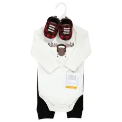 Hudson Baby Unisex Baby Cotton Bodysuit, Pant and Shoe Set, Winter Moose
